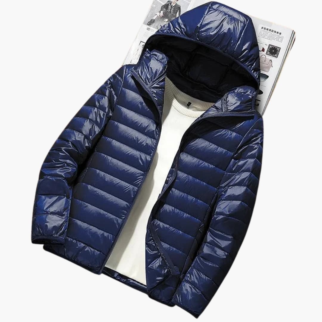 Men's hooded down jacket horizontal quilting full-zip slim fit outdoor winter warmth