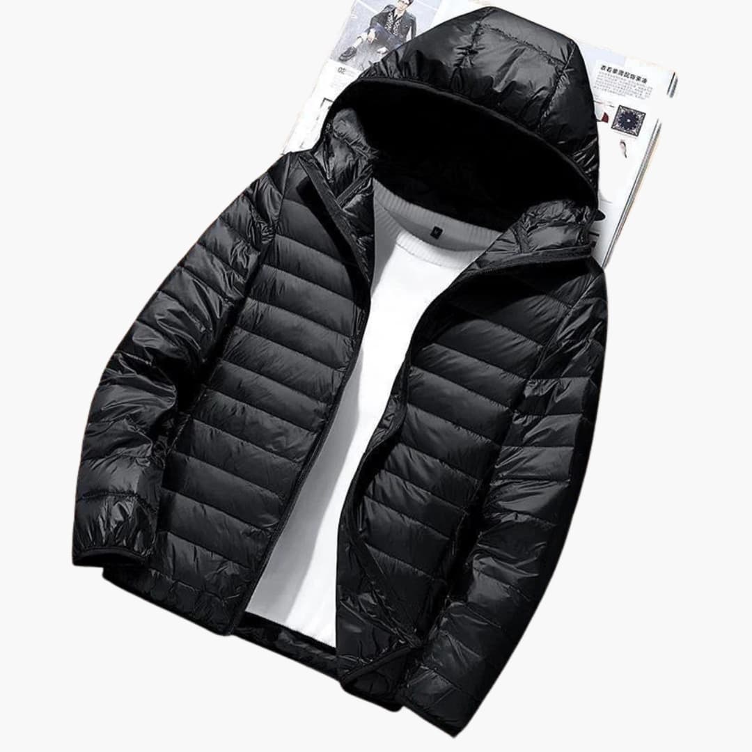 Men's hooded down jacket horizontal quilting full-zip streamlined silhouette outdoor winter warmth