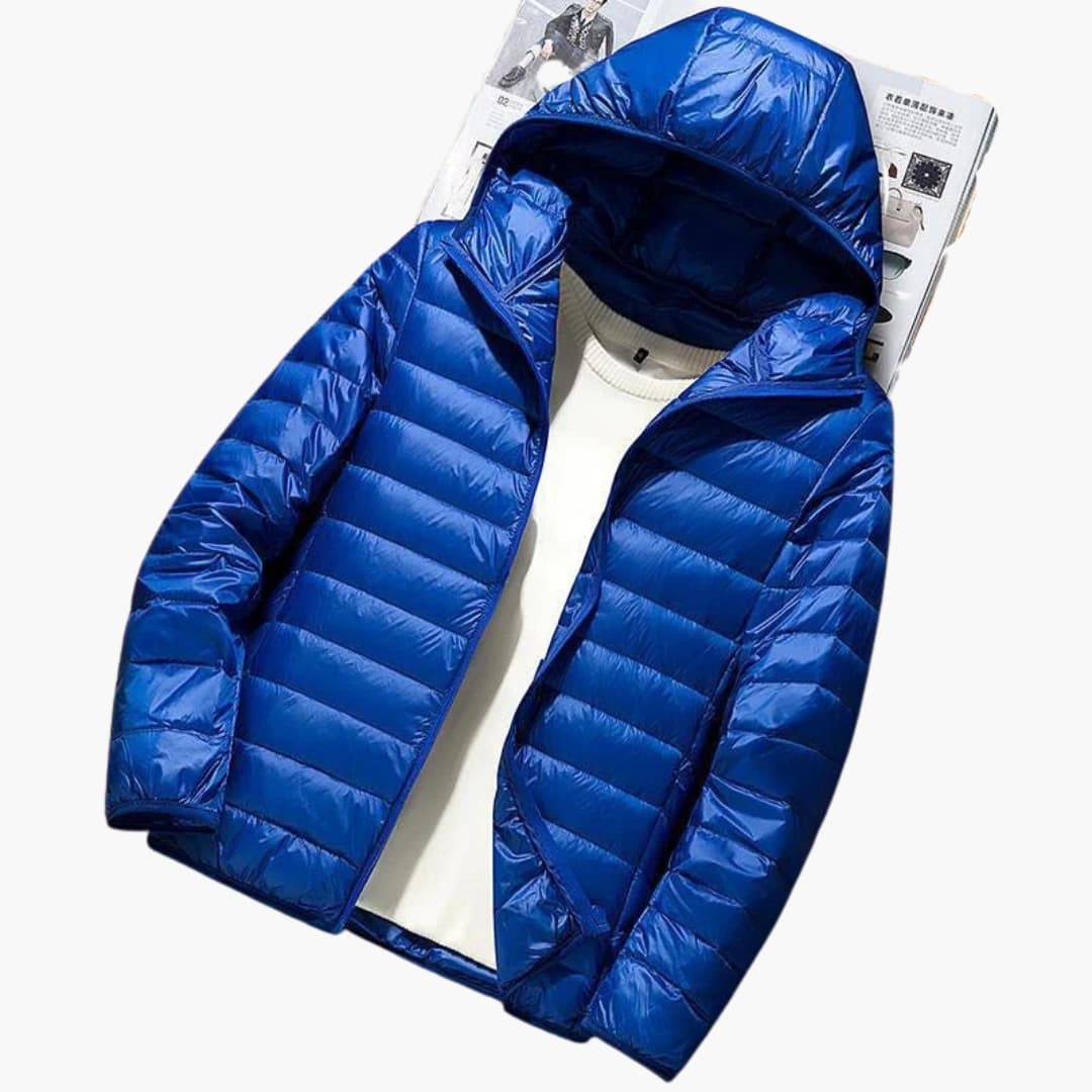 Men's black hooded down jacket horizontal quilting full-zip slim fit cold-weather outdoor layer