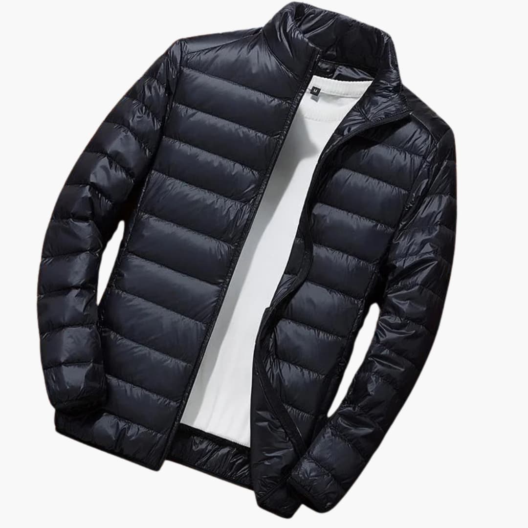 Men's hooded down jacket horizontal quilting full-zip streamlined silhouette outdoor winter warmth