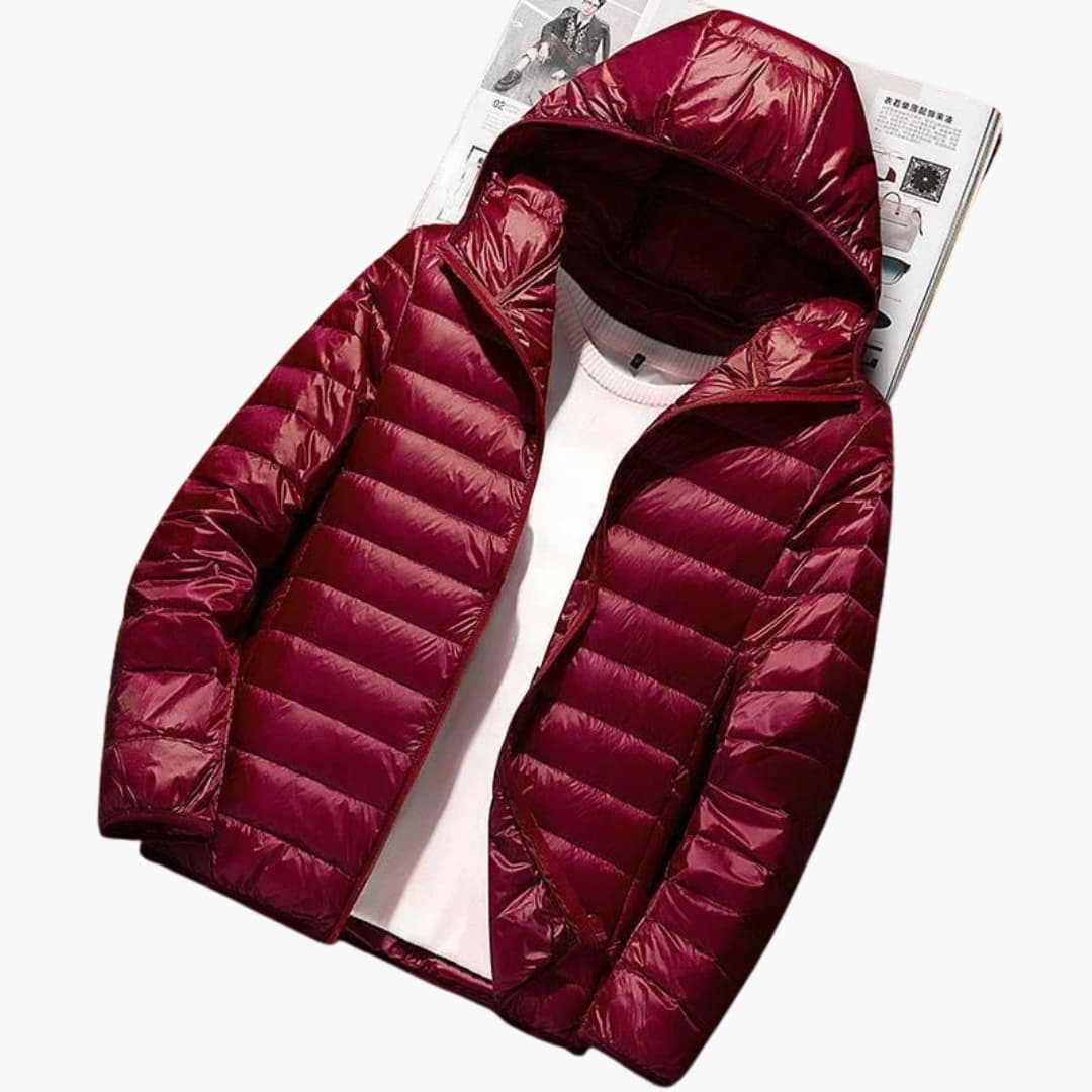 Men's navy hooded down jacket horizontal quilting full-zip streamlined slim silhouette winter outdoor