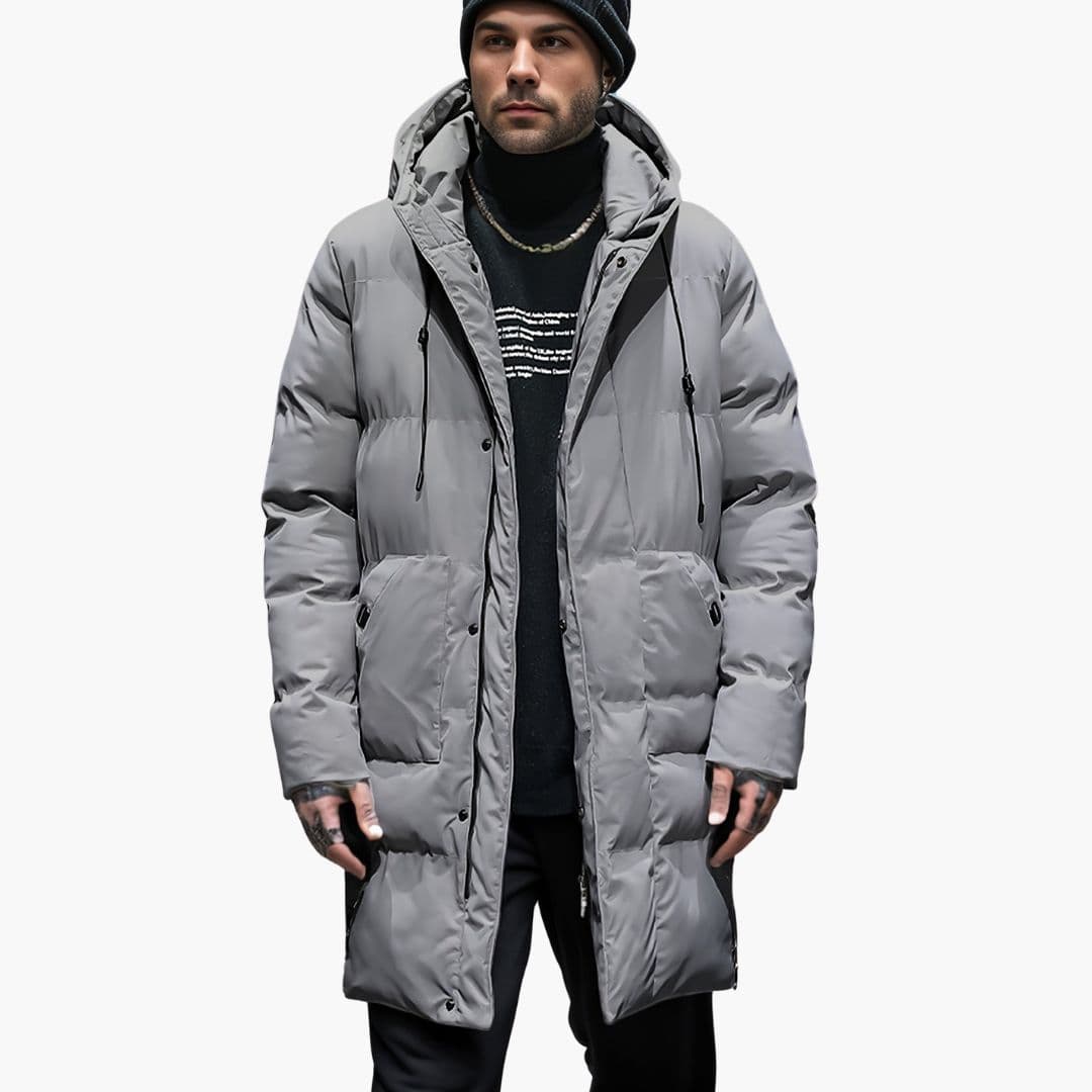 Men's long insulated down jacket with hood, front zipper, snap buttons, and side pockets for winter
