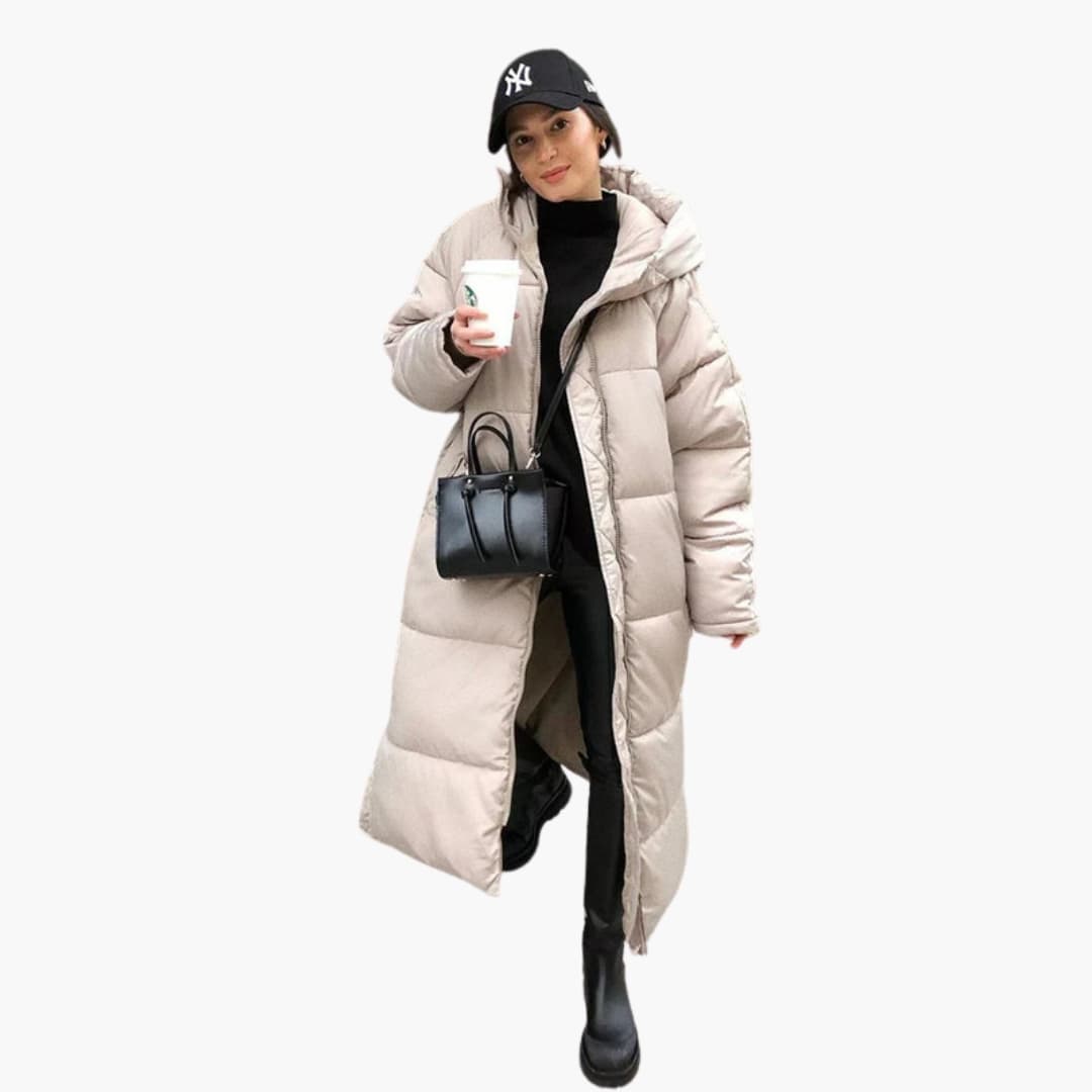 Women's long black insulated down coat with stand-up collar and hood for extreme cold weather