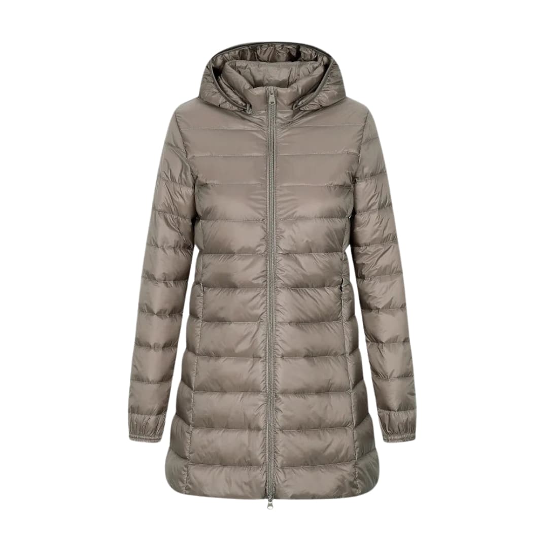 Women's long quilted down jacket integrated hood zip closure elongated silhouette cold weather coat