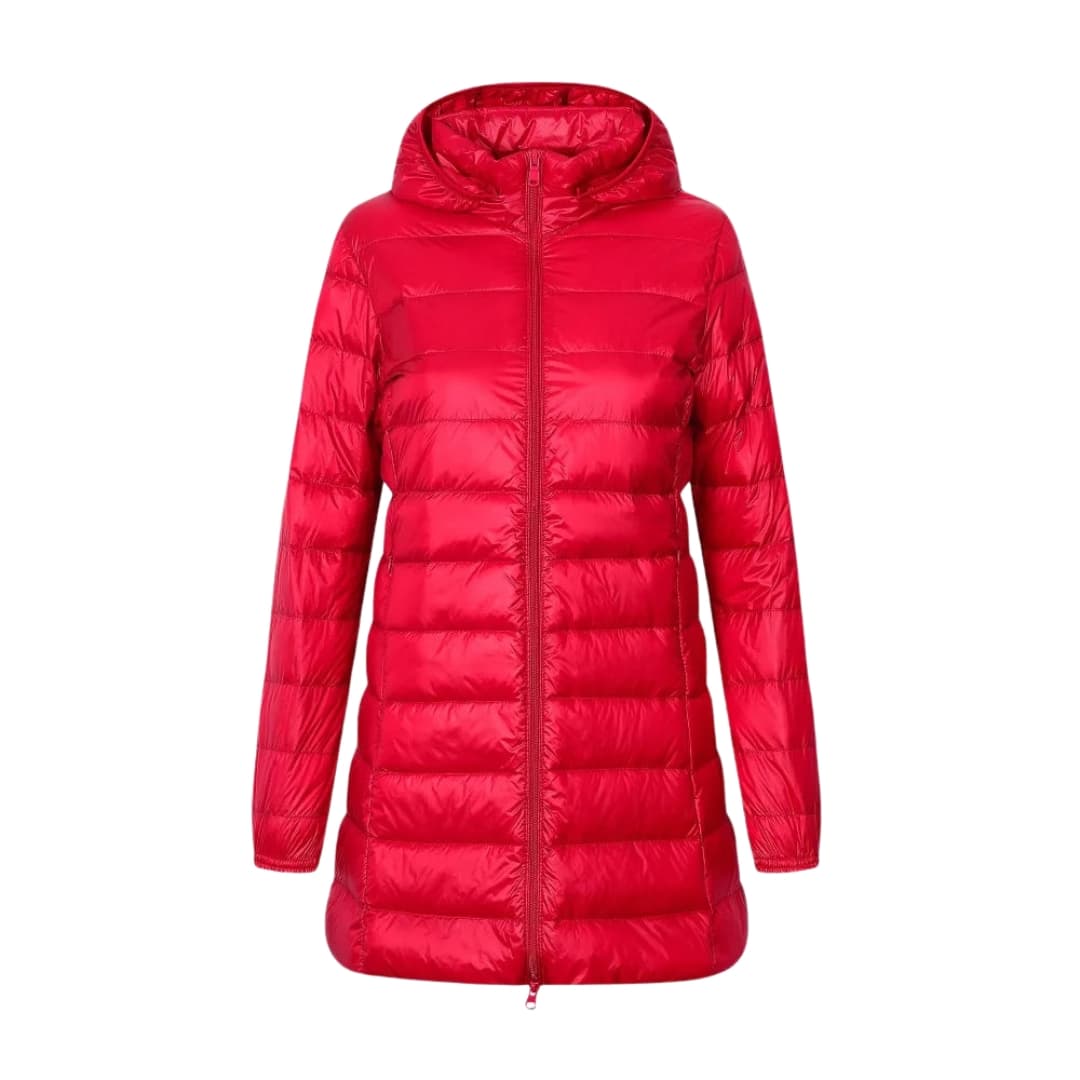 Women's long quilted down jacket integrated hood zip closure elongated silhouette cold weather coat