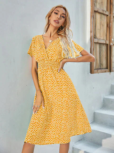 Women's breathable cotton-viscose A-line V-neck short sleeve dress for spring summer