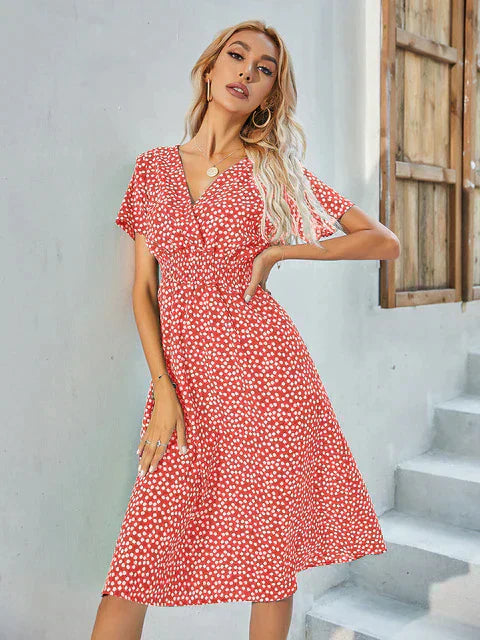 Women's polka dot A-line dress flattering V-neck wrap design knee-length versatile day-to-night
