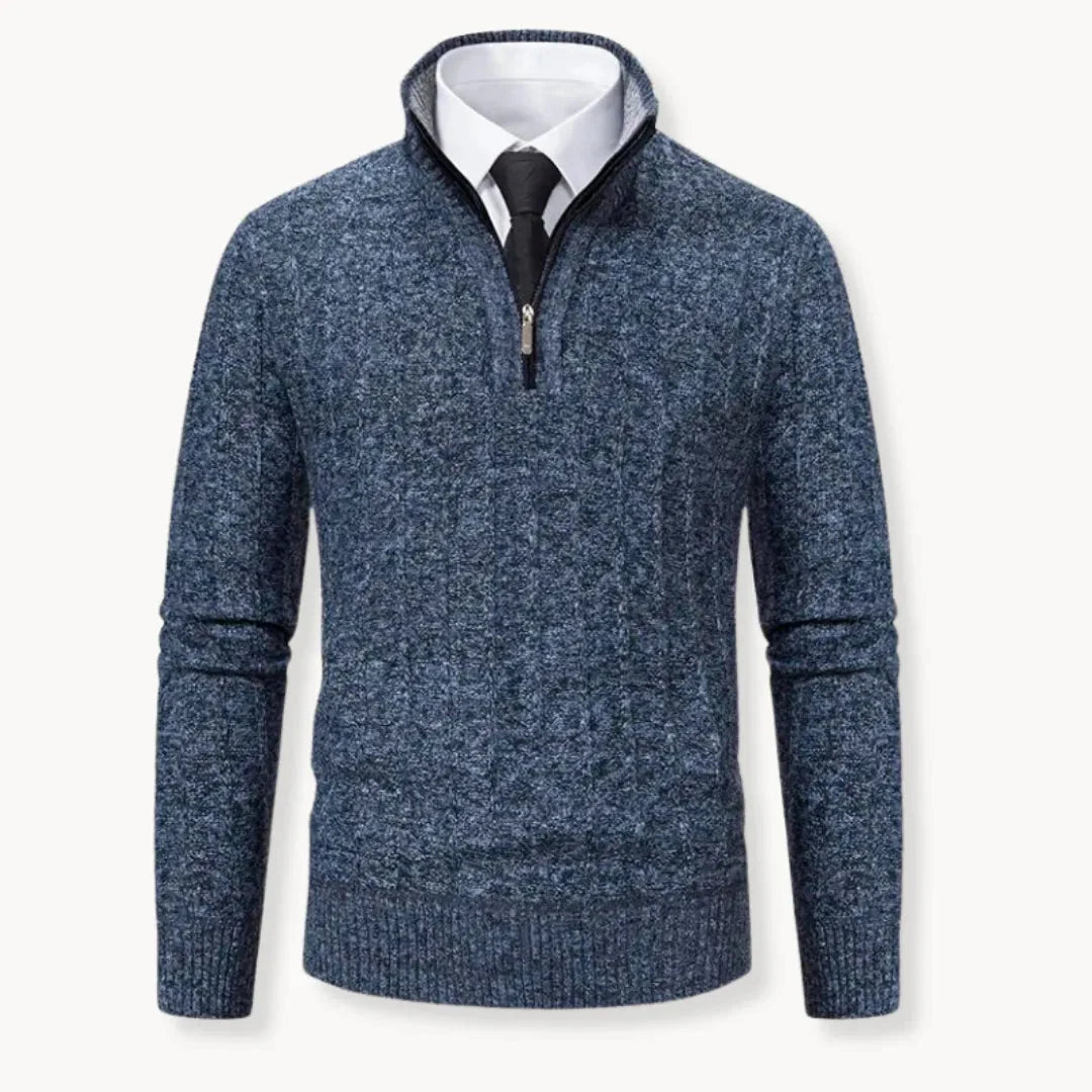 Drew quarter-zip sweater soft cable-knit wool blend neutral tone slim fit office-to-weekend style