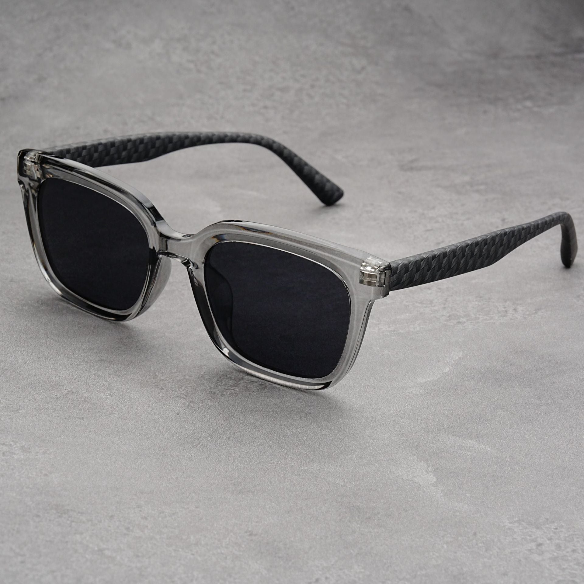 Square sunglasses black lightweight woven temples UV blocking lenses travel-ready bold silhouette