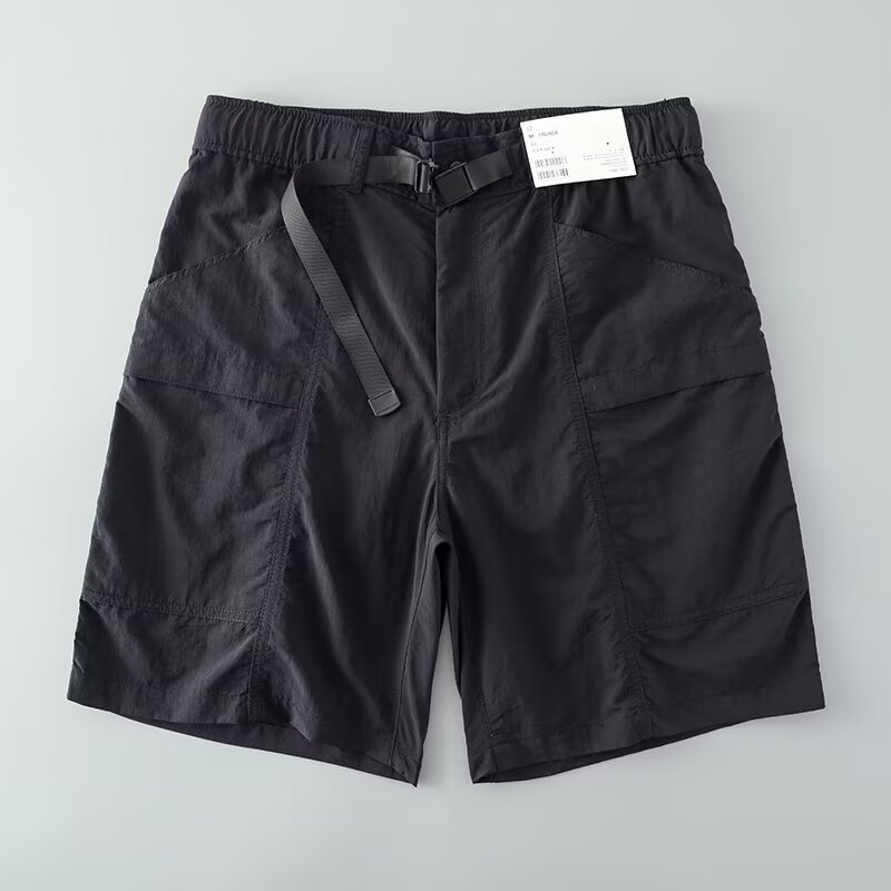 Men's lightweight quick-dry active shorts, belted waist, deep pockets, smooth matte finish