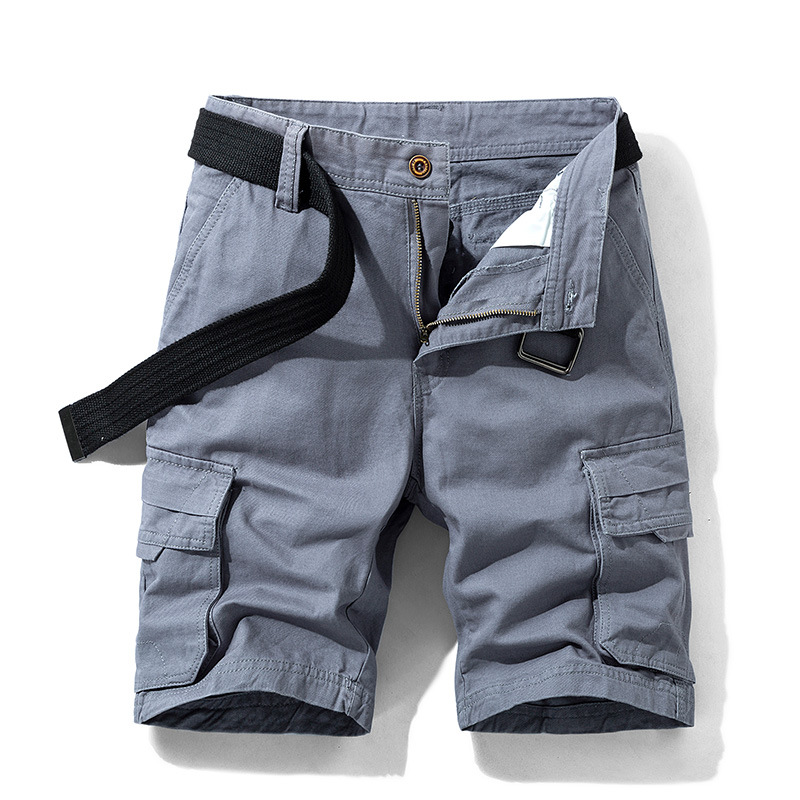 Men's khaki lightweight stretch cargo shorts with multi-pocket utility design and web belt