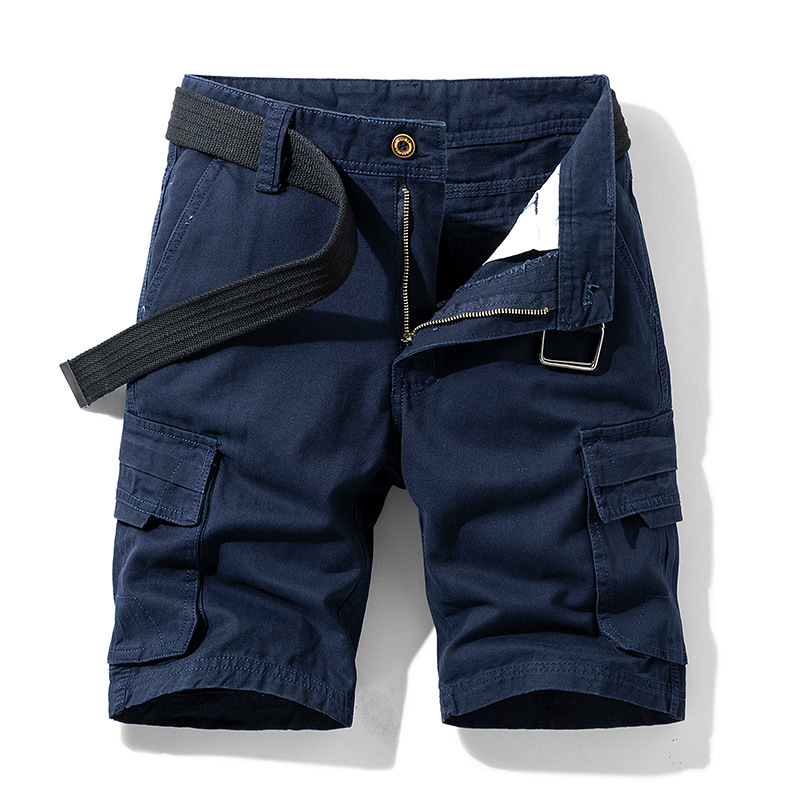 Men's khaki lightweight stretch cargo shorts with multi-pocket utility design and web belt