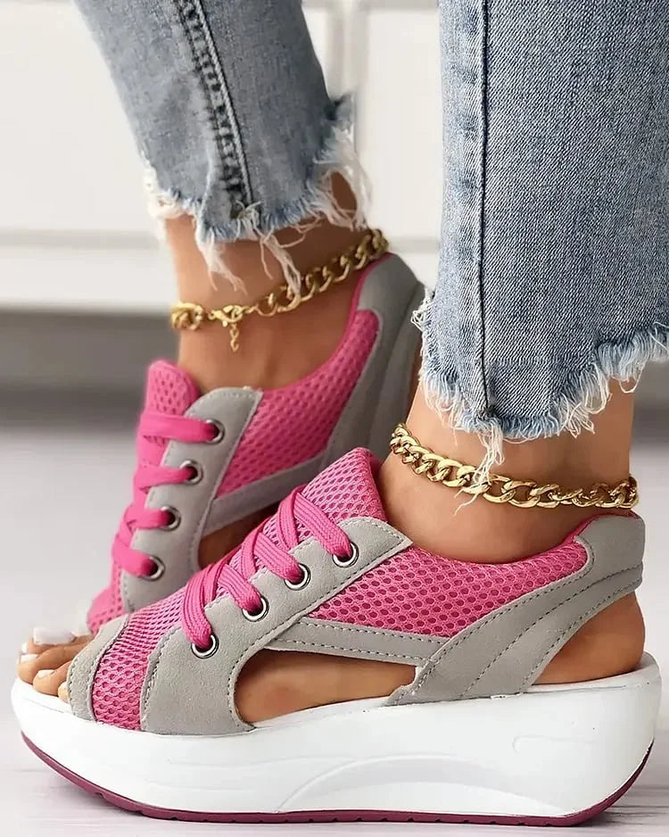 Women's sporty wedge sandals with breathable mesh lace-up closure, comfortable athletic-inspired warm-weather style