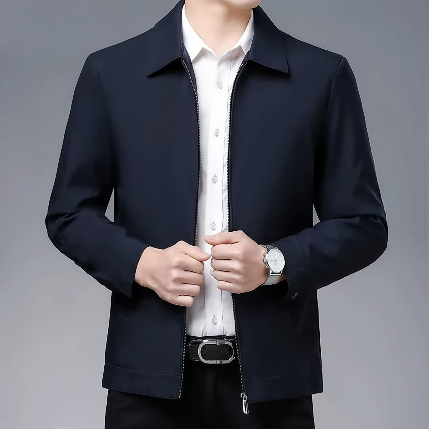 Jordan premium navy professional jacket Italian blend fabric sleek all-season tailored silhouette