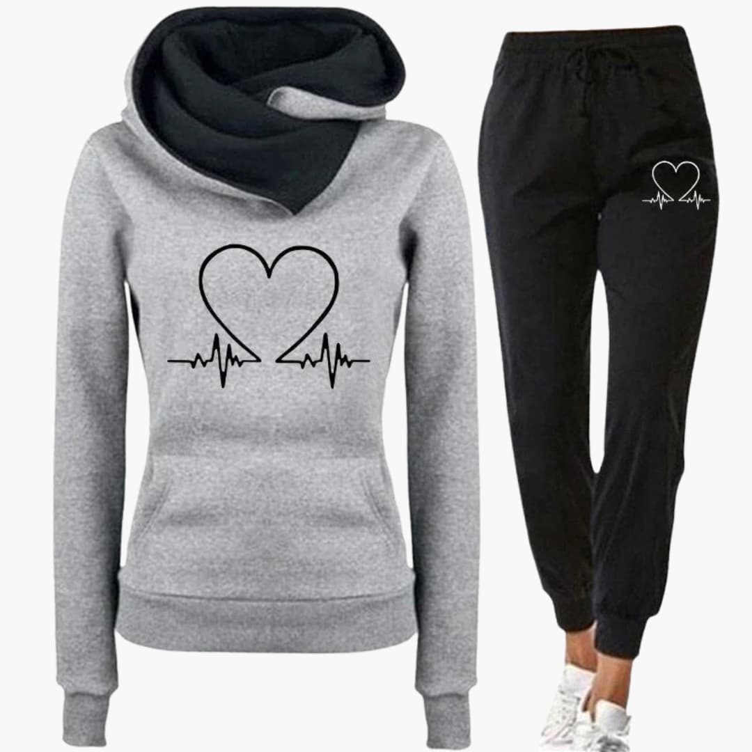 Women's printed tracksuit set gray hoodie jogger pants heart line graphic cozy two-piece lounge outfit