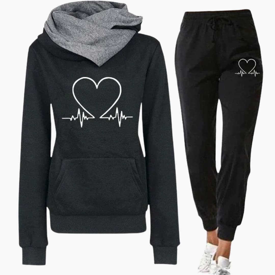 Women's heart & line graphic tracksuit set cozy hoodie jogger pants casual two-piece loungewear