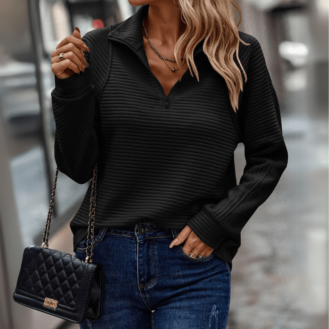 Women's ribbed half-zip pullover sweater with soft textured knit and minimalist vertical ribbing