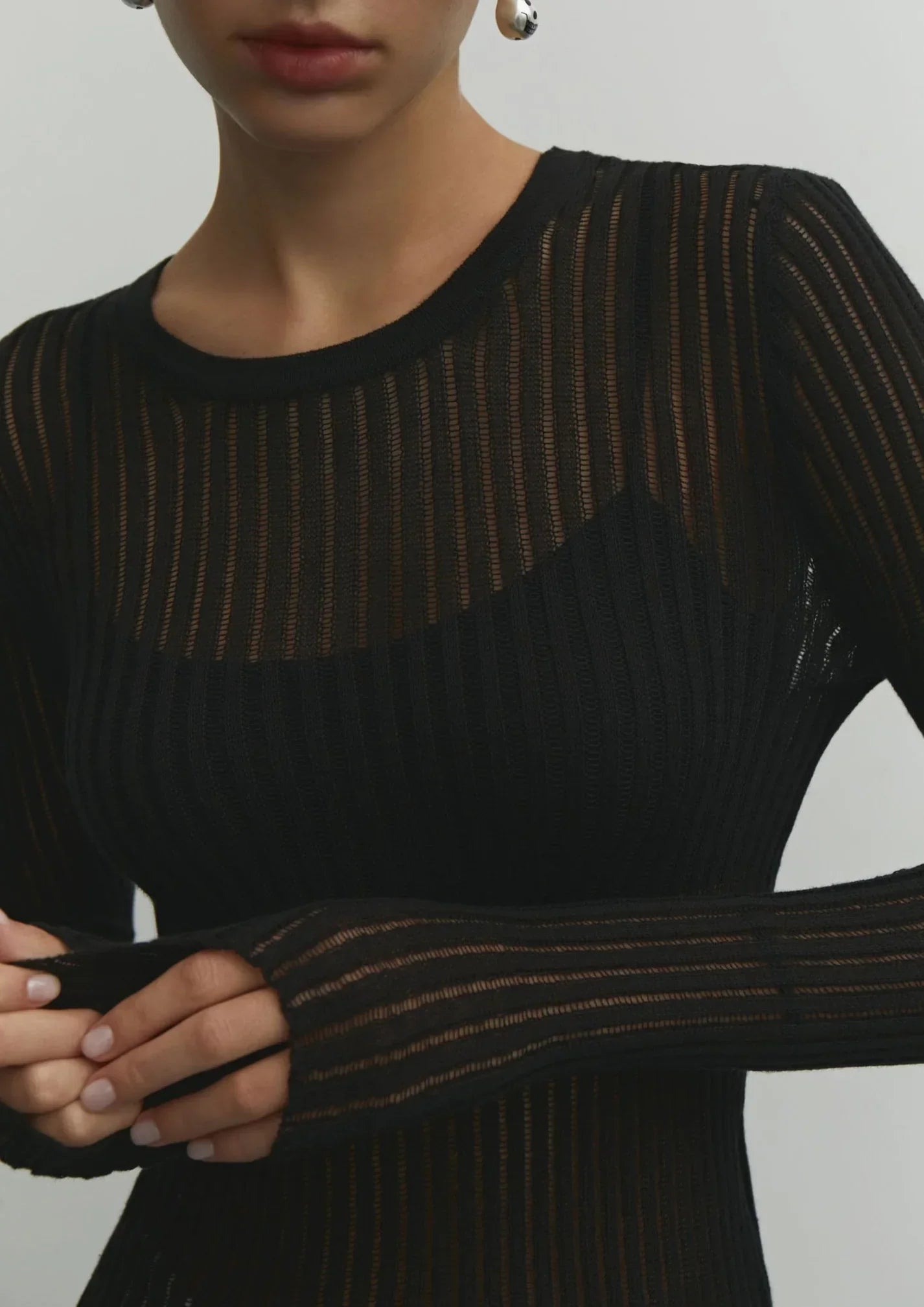 Women's semi-sheer ribbed wool top long sleeve close-fit layering essential in neutral knit