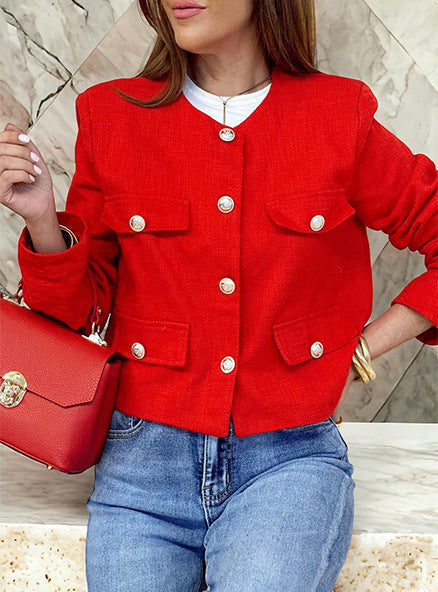 Ivory cropped boxy jacket textured woven fabric gold-trimmed pearl buttons elegant women's style