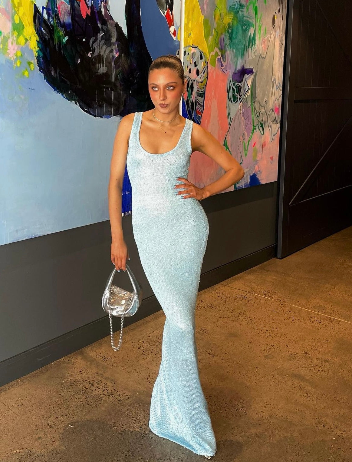 Women's silver sequined figure-hugging maxi dress shimmering evening gown for summer parties