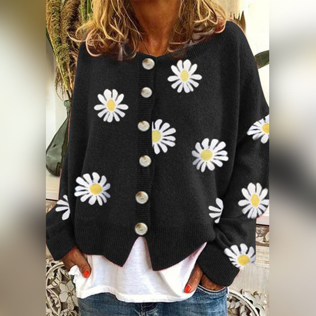 Women's floral daisy print button-up cardigan relaxed oversized fit cozy winter casual layer