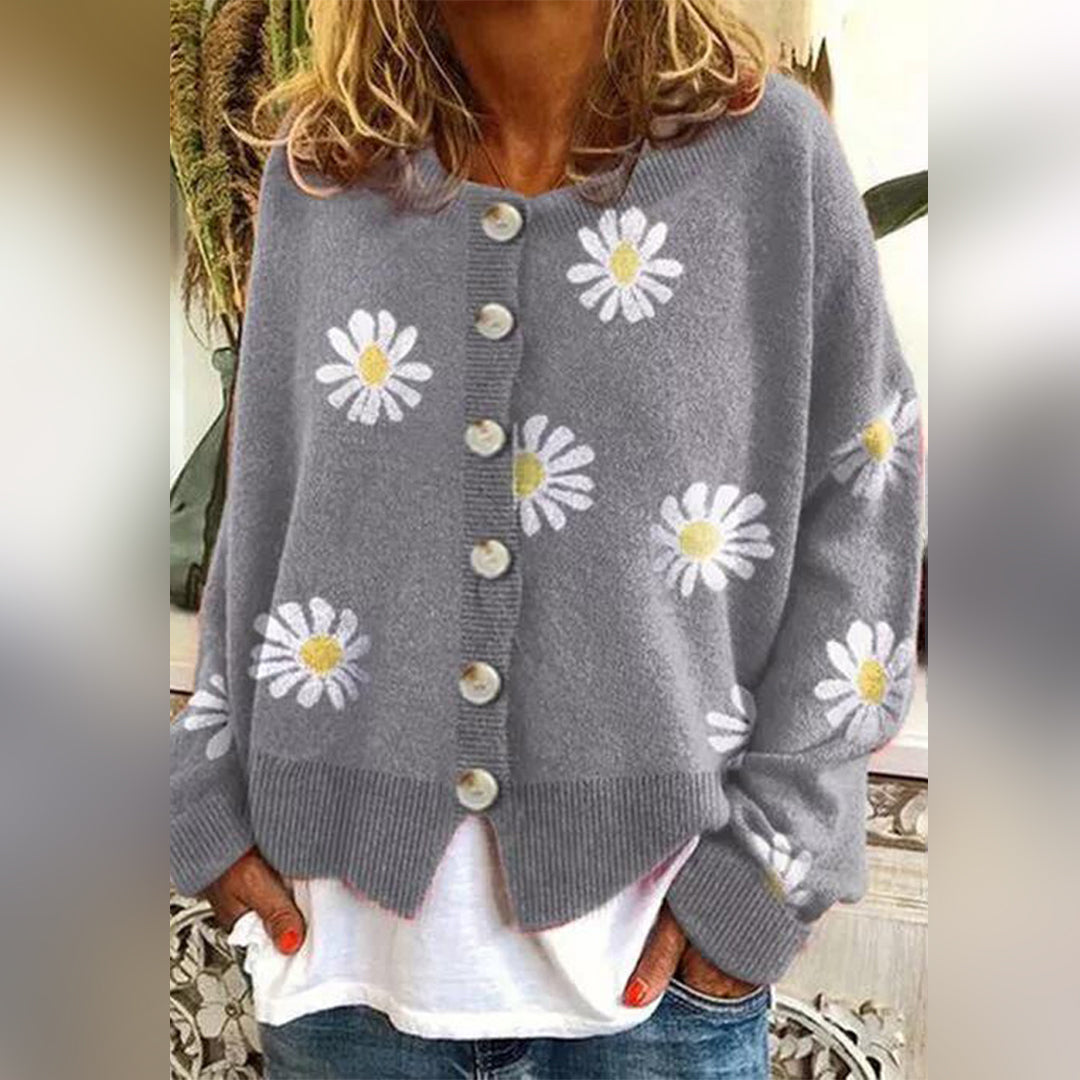 Women's relaxed fit floral button-up cardigan with all-over daisy print cozy oversized winter layer