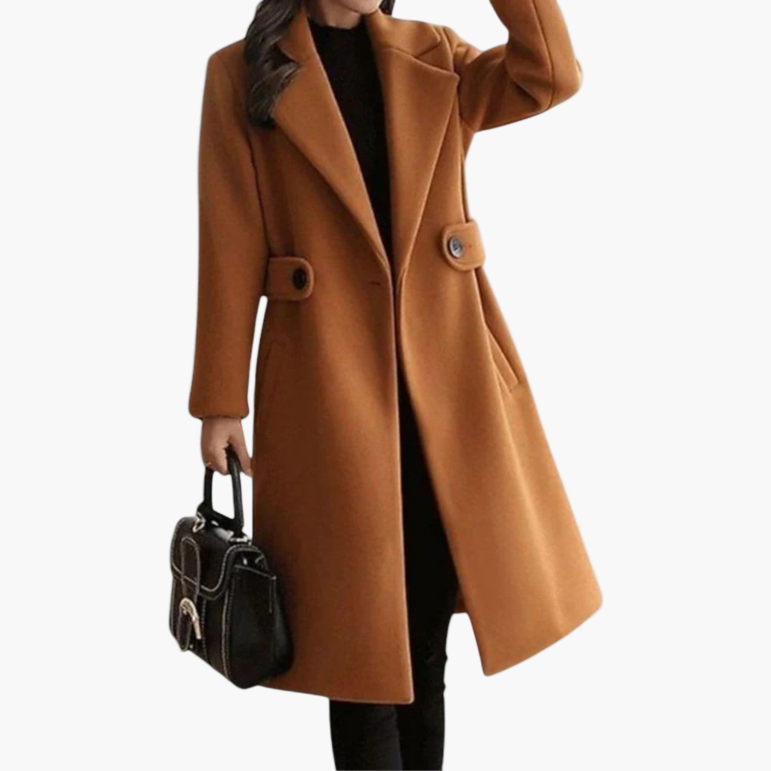 Women's long formal coat in classic tailored cut with elegant double-breasted structured design for professional style