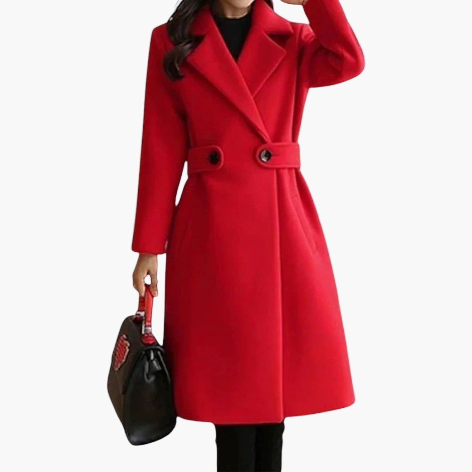 Women's long formal coat in classic tailored cut with elegant double-breasted structured design for professional style