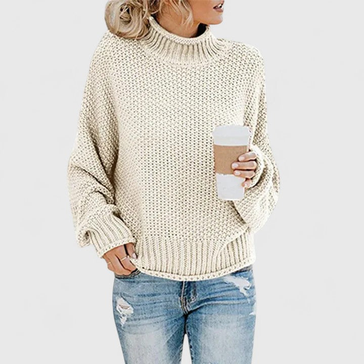 Women's chunky knit sweater relaxed fit high neck cozy thick warm casual layering essential