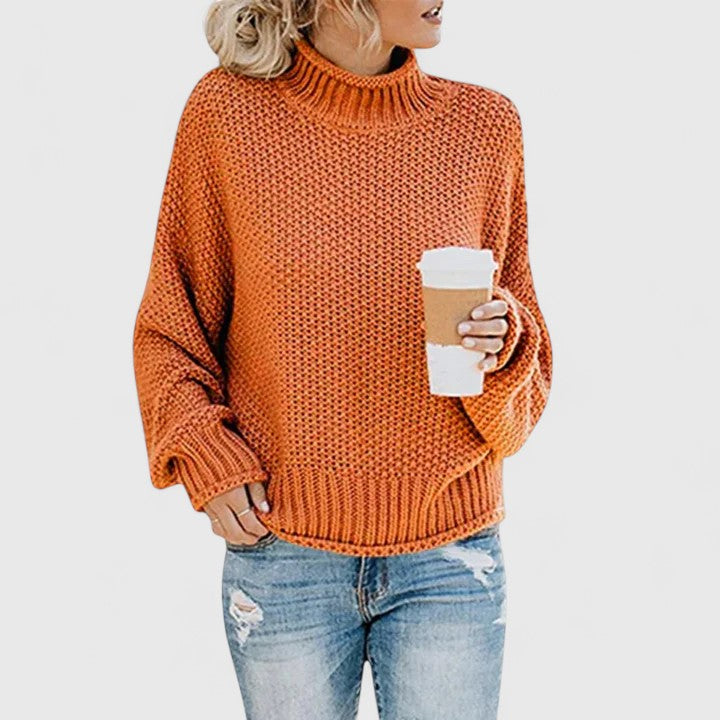 Women's cream chunky knit sweater relaxed fit high neck cozy layering essential