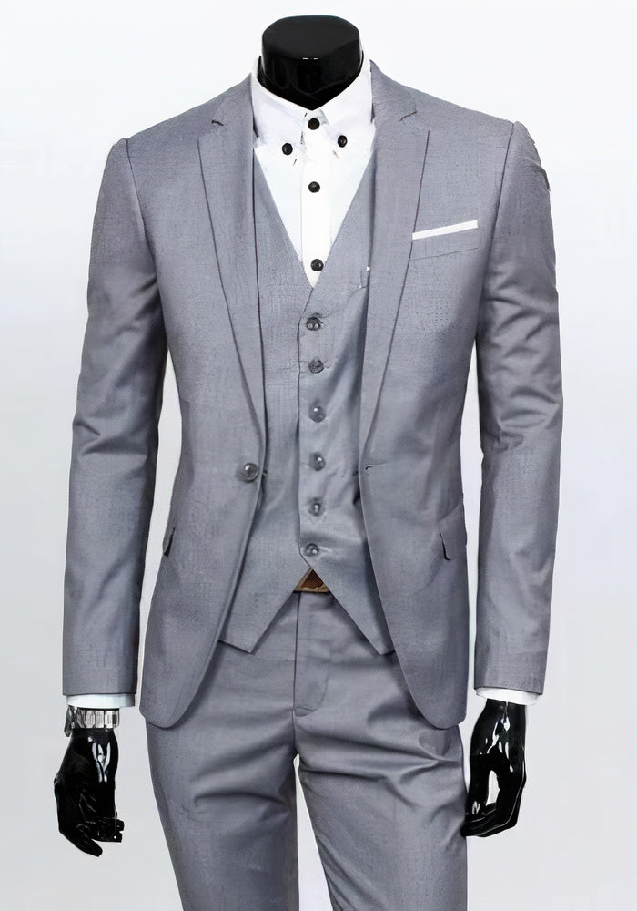 Navy blue 3-piece men's slim-fit evening suit set with matching vest for formal occasions