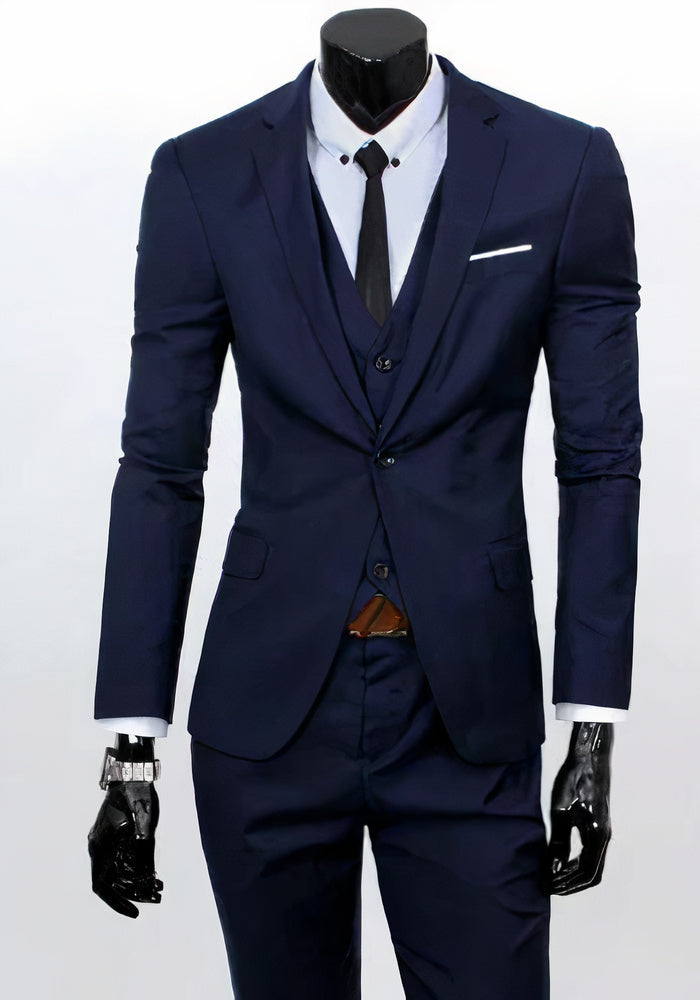 Navy 3-piece men's slim-fit suit set with matching vest, elegant eveningwear for formal occasions