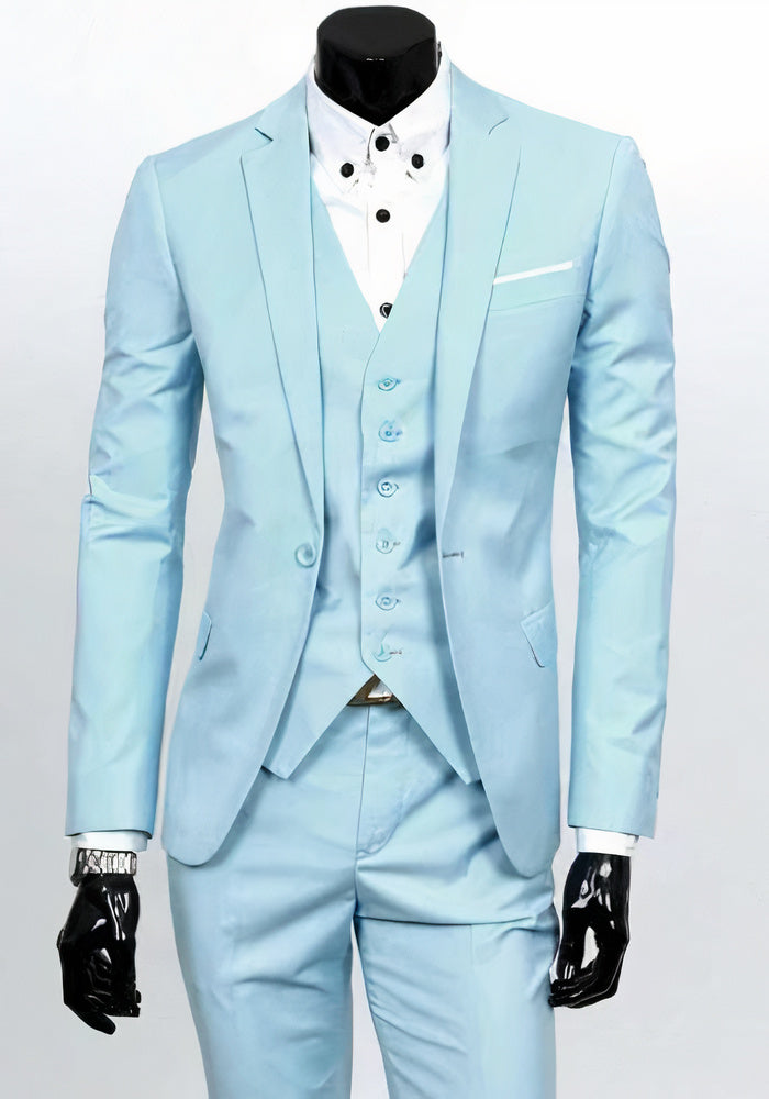 Navy blue 3-piece men's slim-fit evening suit set with matching waistcoat for formal occasions