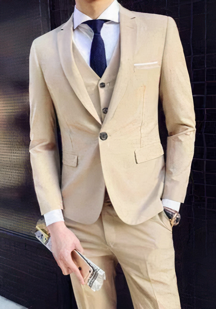 Navy blue 3-piece men's slim-fit evening suit set with matching waistcoat for formal occasions