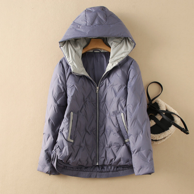 Women's black quilted duck down jacket sleek zip-front silhouette for city and outdoor layering
