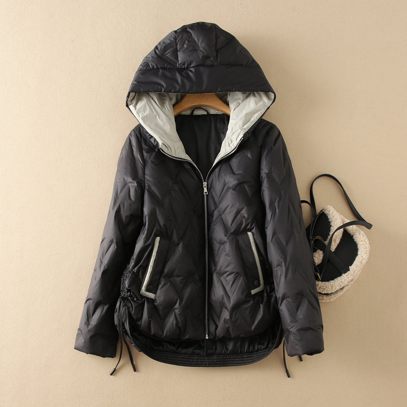 Women's black quilted duck down jacket sleek zip-front silhouette for city and outdoor layering