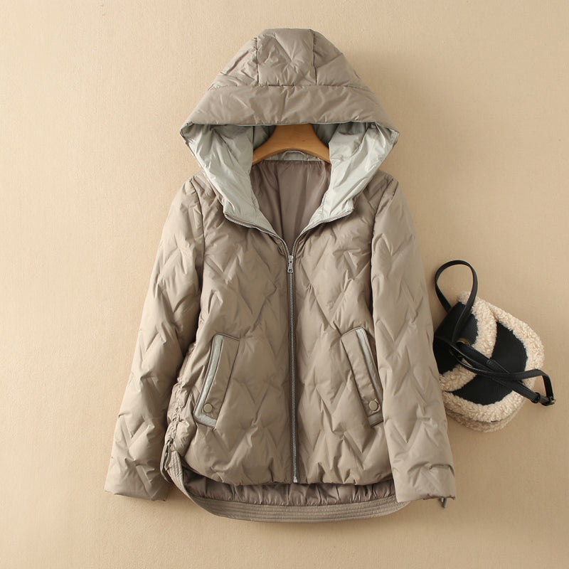 Women's black quilted duck down jacket sleek zip-front silhouette for city and outdoor layering