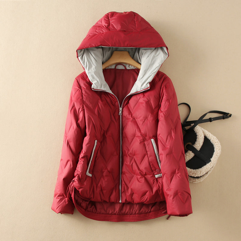 Women's black quilted duck down jacket sleek city-ready silhouette with front zip closure