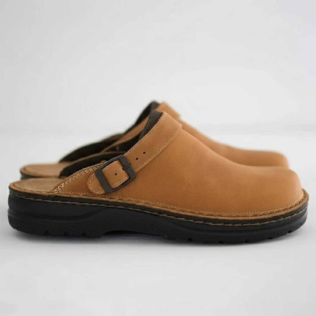 Cody orthopaedic leather slip-on backless clog shoes tan supportive senior comfort footwear