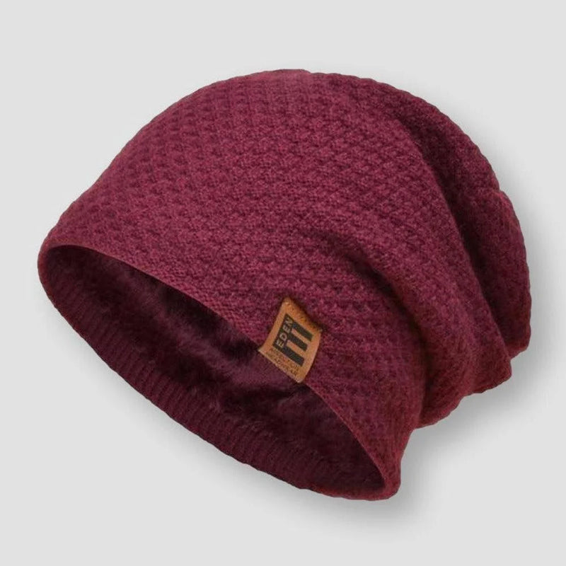 Warm gray waffle knit beanie with plush fleece lining, stretchable thermal fit for cold weather