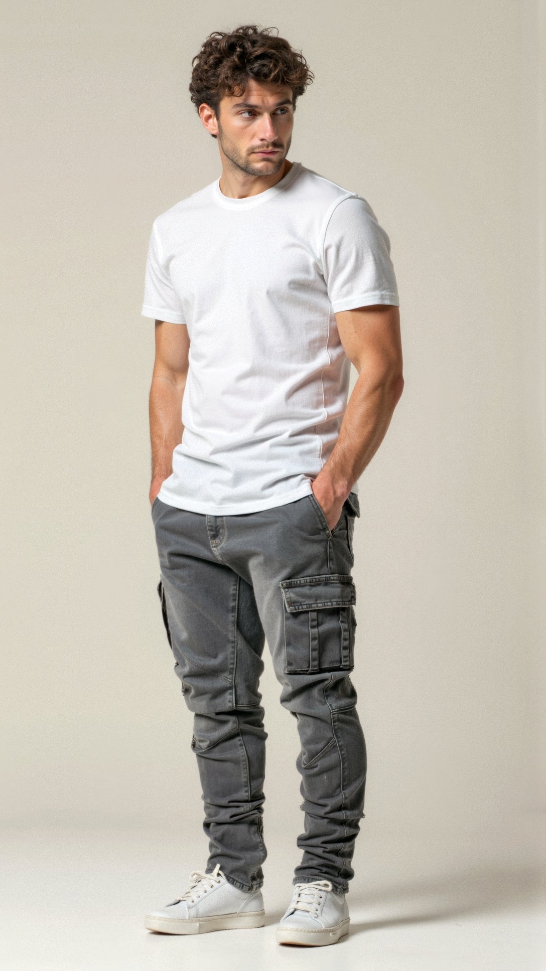 Men's slim-fit cargo jeans in versatile cut with functional side pockets for office and travel