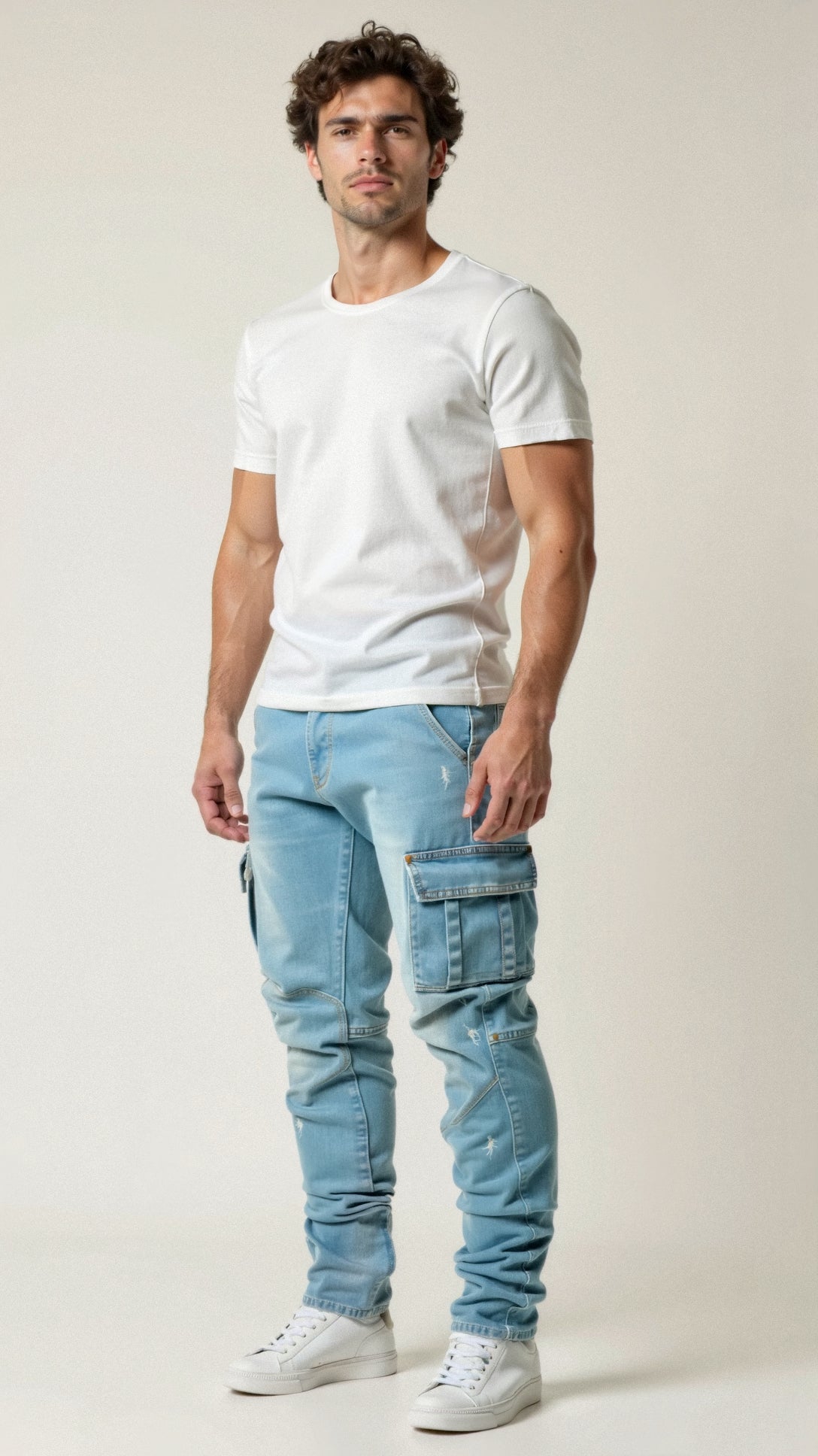 Men's slim fit cargo pants in neutral tone with ultra-stretch fabric and multiple practical pockets