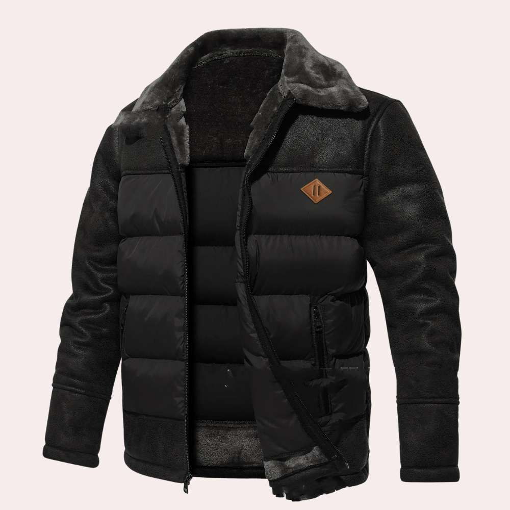 Men's navy quilted hip-length winter jacket with faux fur lining, stand collar, full zip regular fit
