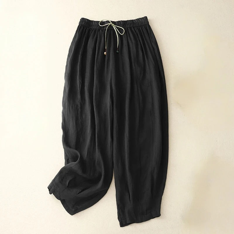 Elara relaxed tapered linen blend pants in neutral tone with elastic drawstring waistband