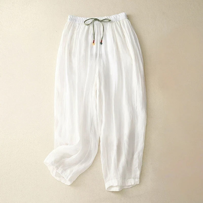 Elara beige linen blend relaxed tapered pants with elastic waistband and drawstring waist