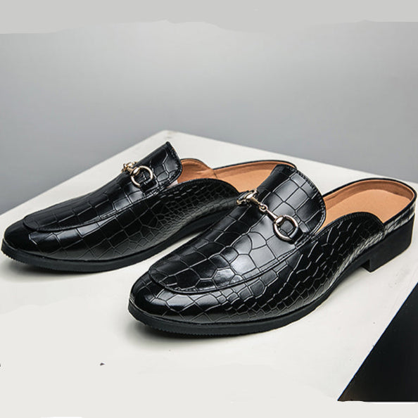 Croc-embossed genuine leather mules horsebit detail high-shine slip-on for modern professionals