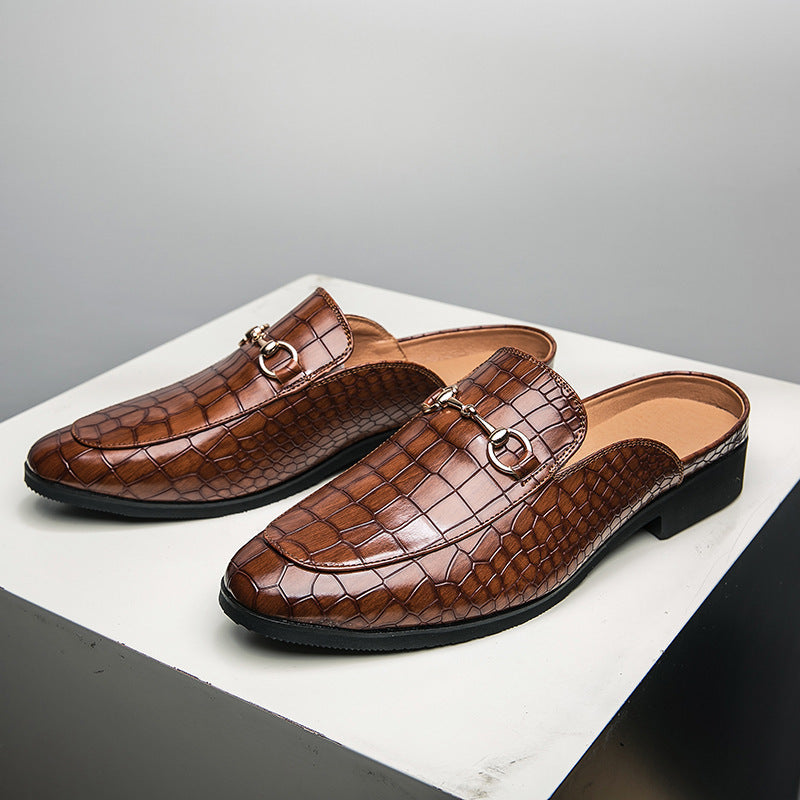 Croc-embossed genuine leather mules horsebit detail high-shine slip-on modern professional style