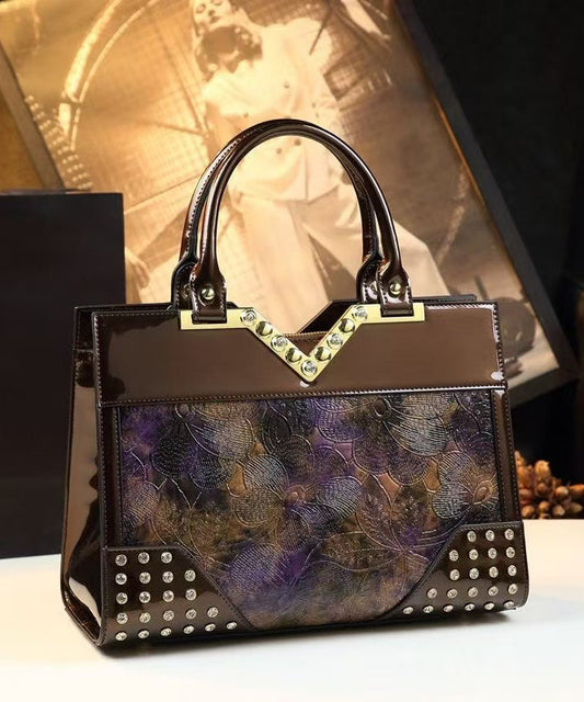 Sac fourre-tout élégant en cuir de veau gaufré avec zircons colorblock - Urbann-Vibe