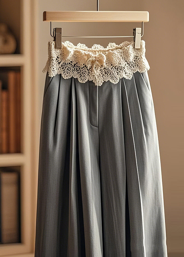Pantalon large élégant en dentelle patchwork grise froissée, automne - Urbann-Vibe