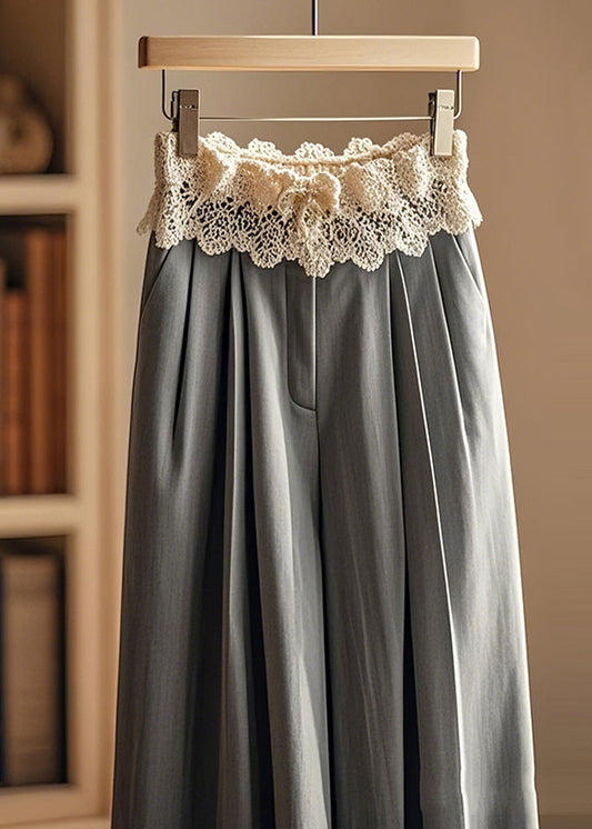 Pantalon large élégant en dentelle patchwork grise froissée, automne - Urbann-Vibe